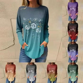 Женская повседневная футболка с круглым вырезом и цветочным принтом, длинный рукав S