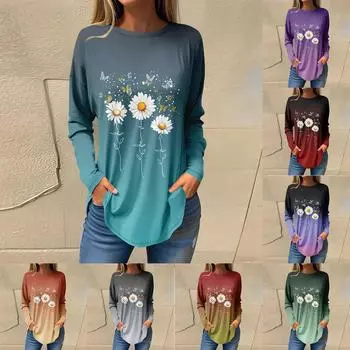 Женская повседневная футболка с круглым вырезом и цветочным принтом, длинный рукав M фиолетовый