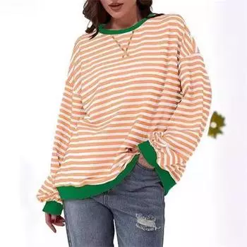 Женская повседневная футболка с круглым вырезом и длинным рукавом в полоску L абрикосовый