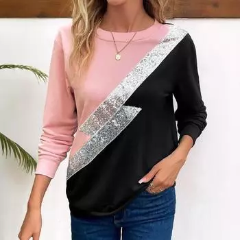 Женская повседневная футболка с круглым вырезом и длинными рукавами в стиле колор-блок L розовый