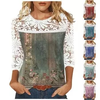 Женская повседневная футболка с круглым вырезом и кружевным вырезом с семиточечным рукавом и принтом XXL