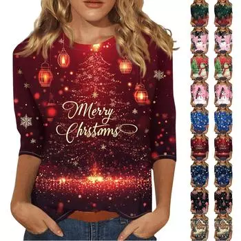 Женская повседневная футболка с круглым вырезом и рождественским принтом снежинок, рукав три четверти, топ, пуловер XL красный