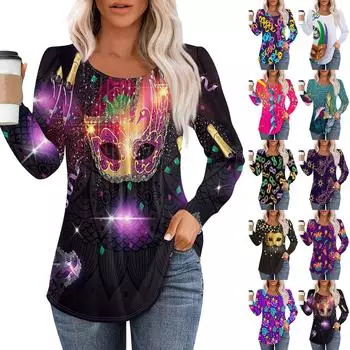 Женская повседневная футболка с круглым вырезом и длинными рукавами, с принтом «Карнавал», плиссированная футболка M золотой