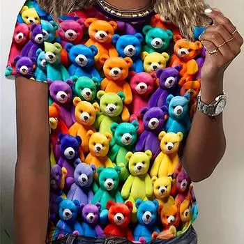 Женская повседневная футболка с круглым вырезом и красочным принтом медведя - мягкий полиэстер, можно стирать в стиральной машине, идеально подходит для весны/лета/осени S