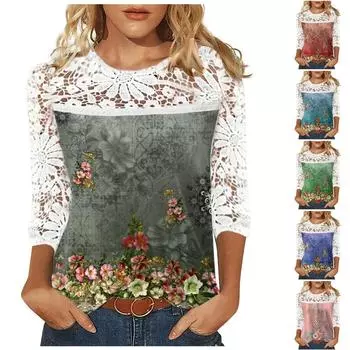 Женская повседневная футболка с круглым вырезом и кружевным вырезом с семиточечным рукавом и принтом S зелёный