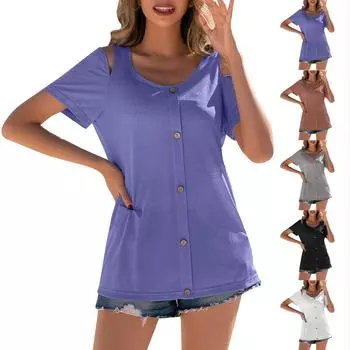 Женская повседневная футболка с круглым вырезом и короткими рукавами, пуловер с открытыми плечами, однобортный топ с декоративными пуговицами L чёрный