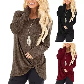 Женская повседневная футболка с круглым вырезом и длинным рукавом с закрученным узлом, пуловер, топы, однотонная свободная футболка L кофейный