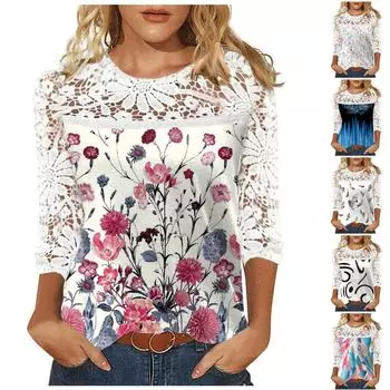 Женская повседневная футболка с круглым вырезом и кружевным вырезом с семиточечным рукавом и принтом XXL чёрный