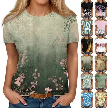 Женская повседневная футболка с круглым вырезом и короткими рукавами с принтом L армия зеленый