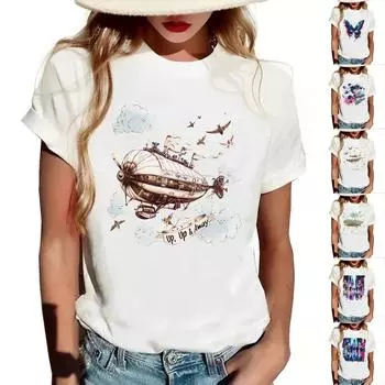 Женская повседневная футболка с круглым вырезом и короткими рукавами с принтом L синий