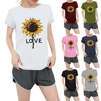 Женская повседневная футболка с круглым вырезом и короткими рукавами с принтом L армия зеленый