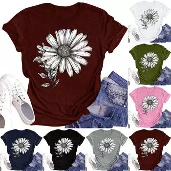 Женская повседневная футболка с круглым вырезом и цветочным принтом, короткий рукав L армия зеленый