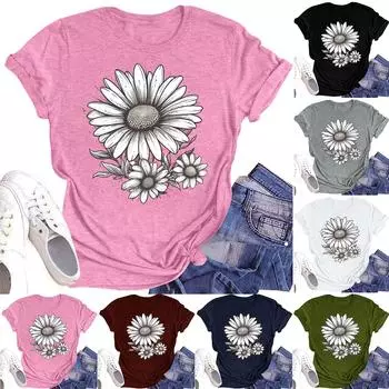 Женская повседневная футболка с круглым вырезом и цветочным принтом, короткий рукав L армия зеленый