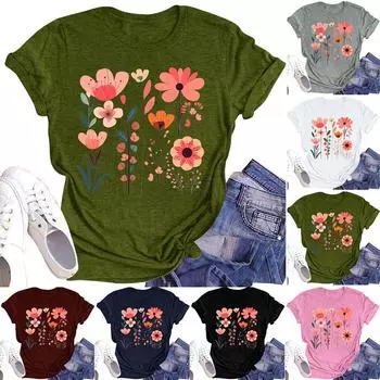 Женская повседневная футболка с круглым вырезом и цветочным принтом, короткий рукав L армия зеленый