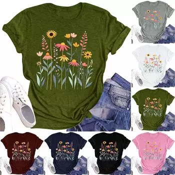 Женская повседневная футболка с круглым вырезом и цветочным принтом, короткий рукав L армия зеленый