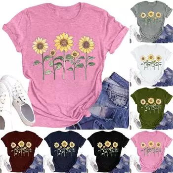 Женская повседневная футболка с круглым вырезом и цветочным принтом, короткий рукав L армия зеленый