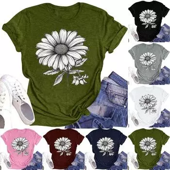 Женская повседневная футболка с круглым вырезом и цветочным принтом, короткий рукав L армия зеленый