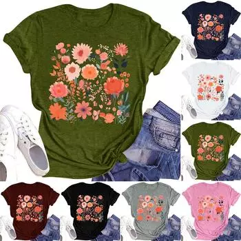 Женская повседневная футболка с круглым вырезом и цветочным принтом, короткий рукав L армия зеленый