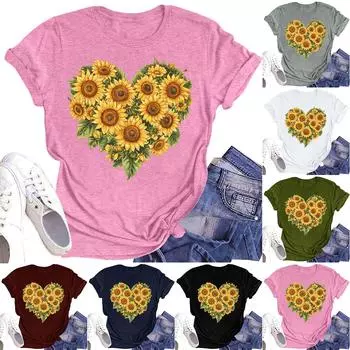 Женская повседневная футболка с круглым вырезом и цветочным принтом, короткий рукав L армия зеленый