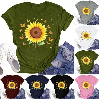 Женская повседневная футболка с круглым вырезом и цветочным принтом, короткий рукав L армия зеленый