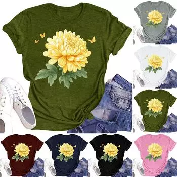 Женская повседневная футболка с круглым вырезом и цветочным принтом, короткий рукав L армия зеленый