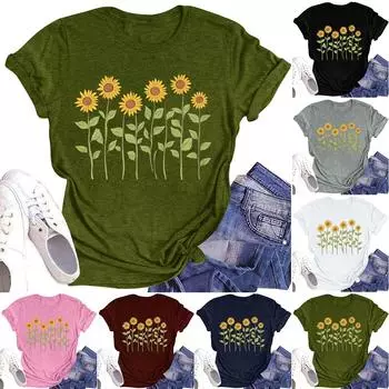 Женская повседневная футболка с круглым вырезом и цветочным принтом, короткий рукав L армия зеленый