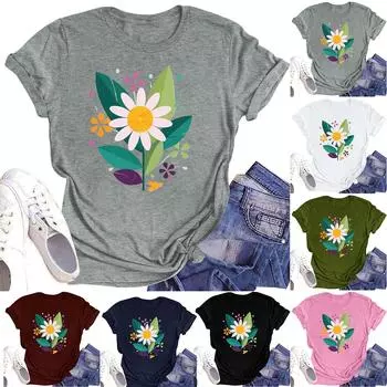 Женская повседневная футболка с круглым вырезом и цветочным принтом, короткий рукав L армия зеленый
