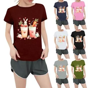 Женская повседневная футболка с круглым вырезом и короткими рукавами с принтом L армия зеленый