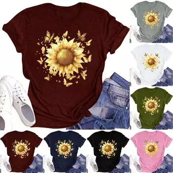 Женская повседневная футболка с круглым вырезом и цветочным принтом, короткий рукав L армия зеленый