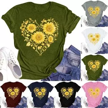 Женская повседневная футболка с круглым вырезом и цветочным принтом, короткий рукав L армия зеленый