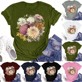 Женская повседневная футболка с круглым вырезом и цветочным принтом, короткий рукав L армия зеленый