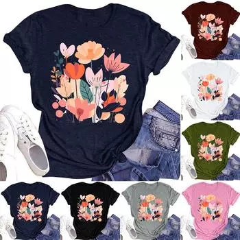 Женская повседневная футболка с круглым вырезом и цветочным принтом, короткий рукав L армия зеленый