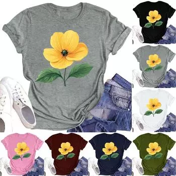 Женская повседневная футболка с круглым вырезом и цветочным принтом, короткий рукав L армия зеленый