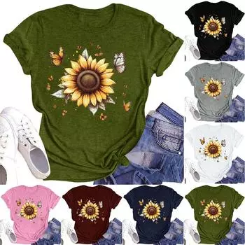Женская повседневная футболка с круглым вырезом и цветочным принтом, короткий рукав L армия зеленый