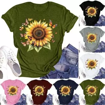 Женская повседневная футболка с круглым вырезом и цветочным принтом, короткий рукав L армия зеленый