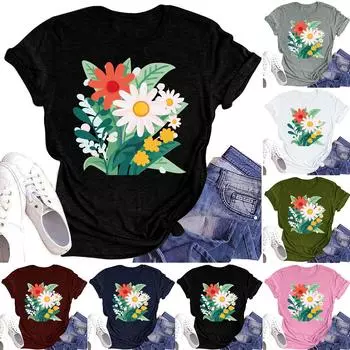 Женская повседневная футболка с круглым вырезом и цветочным принтом, короткий рукав L армия зеленый