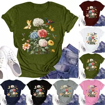 Женская повседневная футболка с круглым вырезом и цветочным принтом, короткий рукав L армия зеленый