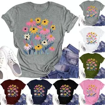 Женская повседневная футболка с круглым вырезом и цветочным принтом, короткий рукав L армия зеленый
