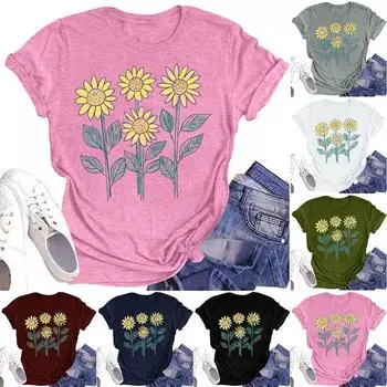 Женская повседневная футболка с круглым вырезом и цветочным принтом, короткий рукав L армия зеленый