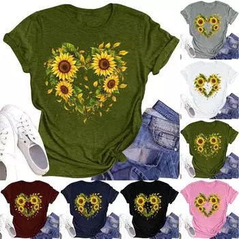 Женская повседневная футболка с круглым вырезом и цветочным принтом, короткий рукав L армия зеленый