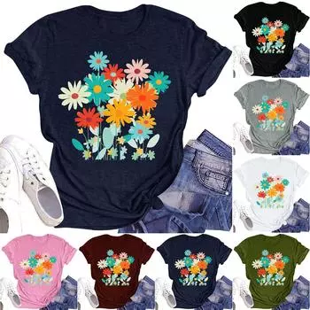Женская повседневная футболка с круглым вырезом и цветочным принтом, короткий рукав L армия зеленый