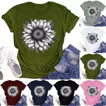 Женская повседневная футболка с круглым вырезом и цветочным принтом, короткий рукав L армия зеленый