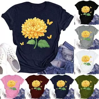 Женская повседневная футболка с круглым вырезом и цветочным принтом, короткий рукав L армия зеленый