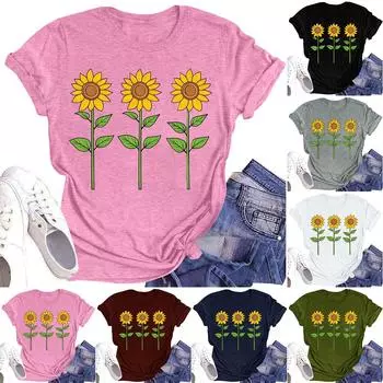 Женская повседневная футболка с круглым вырезом и цветочным принтом, короткий рукав L армия зеленый