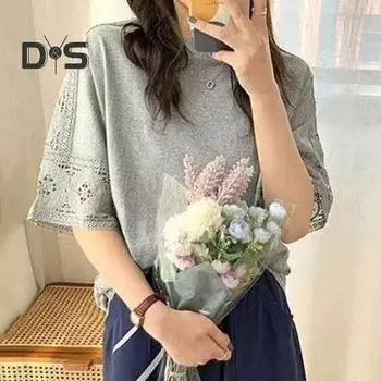 Женская повседневная футболка с круглым вырезом, кружевной пуловер с половиной рукавов, однотонные свободные летние топы чёрный