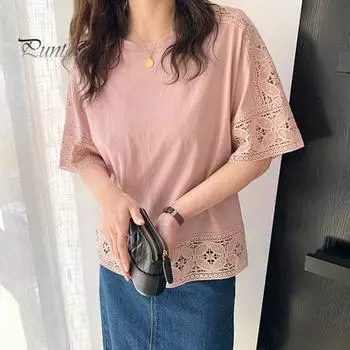 Женская повседневная футболка с круглым вырезом, кружевной пуловер с половиной рукавов, однотонные свободные летние топы розовый