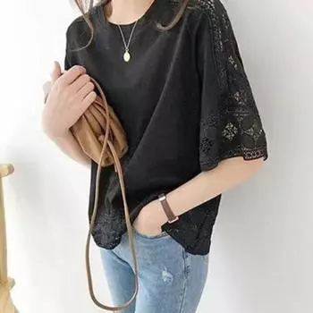Женская повседневная футболка с круглым вырезом, кружевной пуловер с половиной рукавов, однотонные свободные летние топы розовый