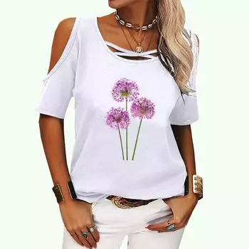 Женская повседневная футболка с круглым вырезом, летний и осенний топ с цветочным принтом и короткими рукавами, женская модная футболка с открытыми плечами S розовый