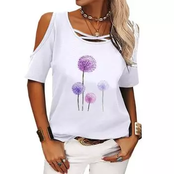 Женская повседневная футболка с круглым вырезом, летний и осенний топ с цветочным принтом и короткими рукавами, женская модная футболка с открытыми плечами S розовый