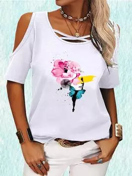 Женская повседневная футболка с круглым вырезом, летняя футболка с коротким рукавом, пуловер с принтом и открытыми плечами, футболка S розовый